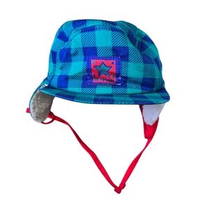 Vintage 1990s Gymboree Teal, Blue and Red Checkered Hat With Ear Flaps